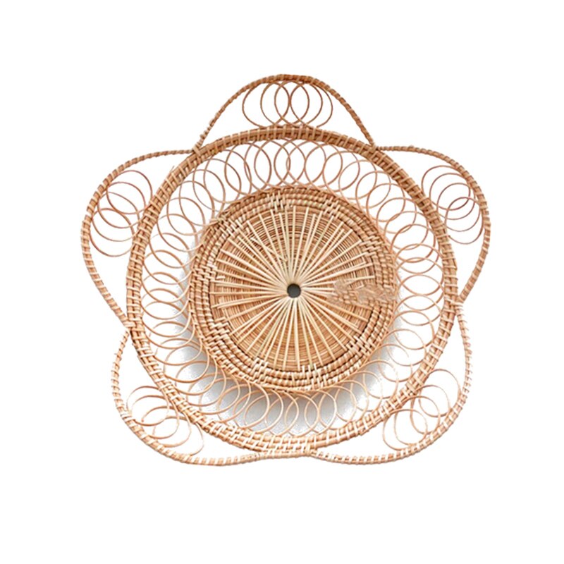 Hand-Woven Round Rattan Tray Fruit Snacks Storage Basket Organizer with Handle Autumn woven storage tray snack fruit tray