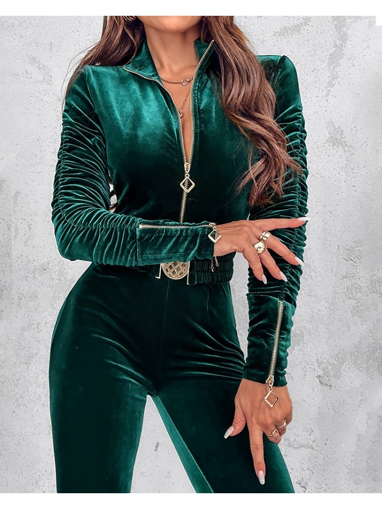 Fluwelen jumpsuits met ritsontwerp voor dames 2025, elegante jumpsuit met ruches en lange mouwen en elastische tailleriem, overall, dameskleding: M / green