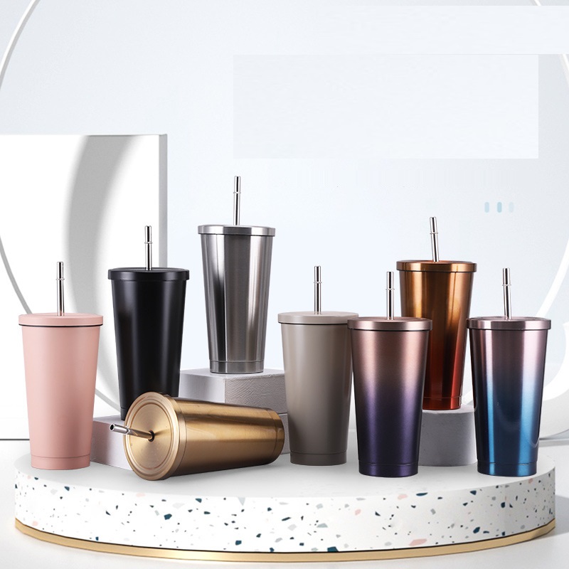 Vacuum Insulated Mug Stainless Steel Thermos Cup Car Coffee Milk Tea Drinking Cup With Straw