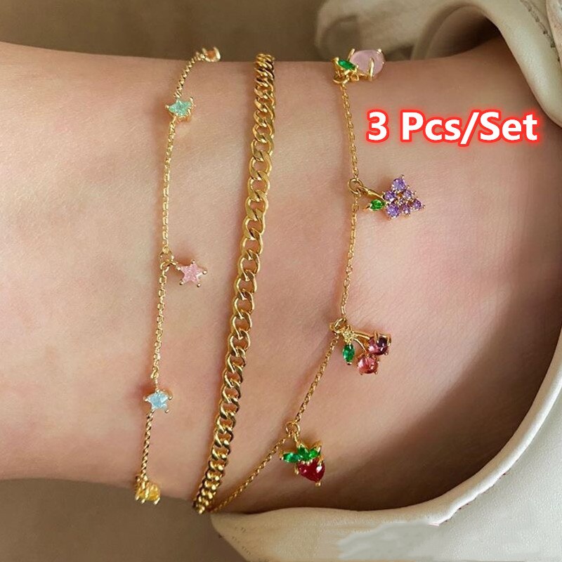 Ensemble de chevilles pour femmes, bracelets de cheville en cristal pour femmes, Fruits de cerise, raisin, étoile, chaîne dorée, bijoux , 3 pièces/ensemble