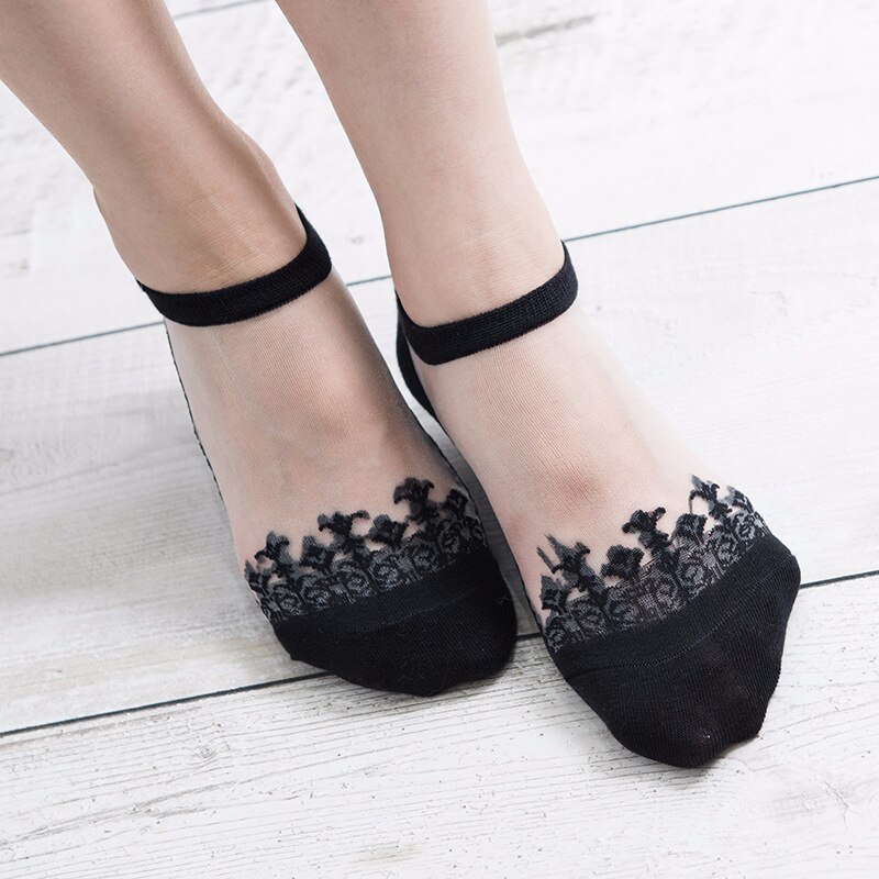 Japanse Harajuku Jacquard Transparant Kristal Zijden Sokken Vrouwen Sokken Dunne Onzichtbare Nylon Boot Sokken