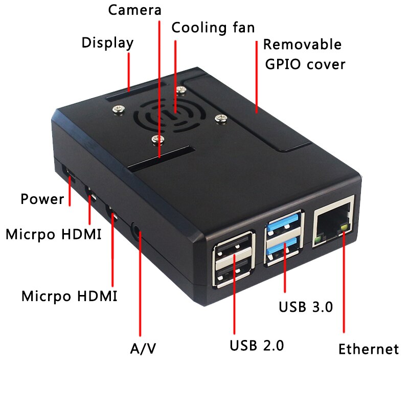 Raspberry Pi 4 Case ABS Plastic Removable GPIO Cover Transparent Black Shell Support Cooing Fan for Raspberry Pi 4 Model B