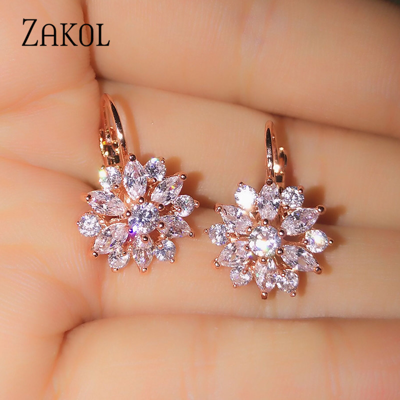 ZAKOL Fashion Rose Gold Color Flower Hoop Earrings dla kobiet CZ Crystal Zircon Earring Brincos