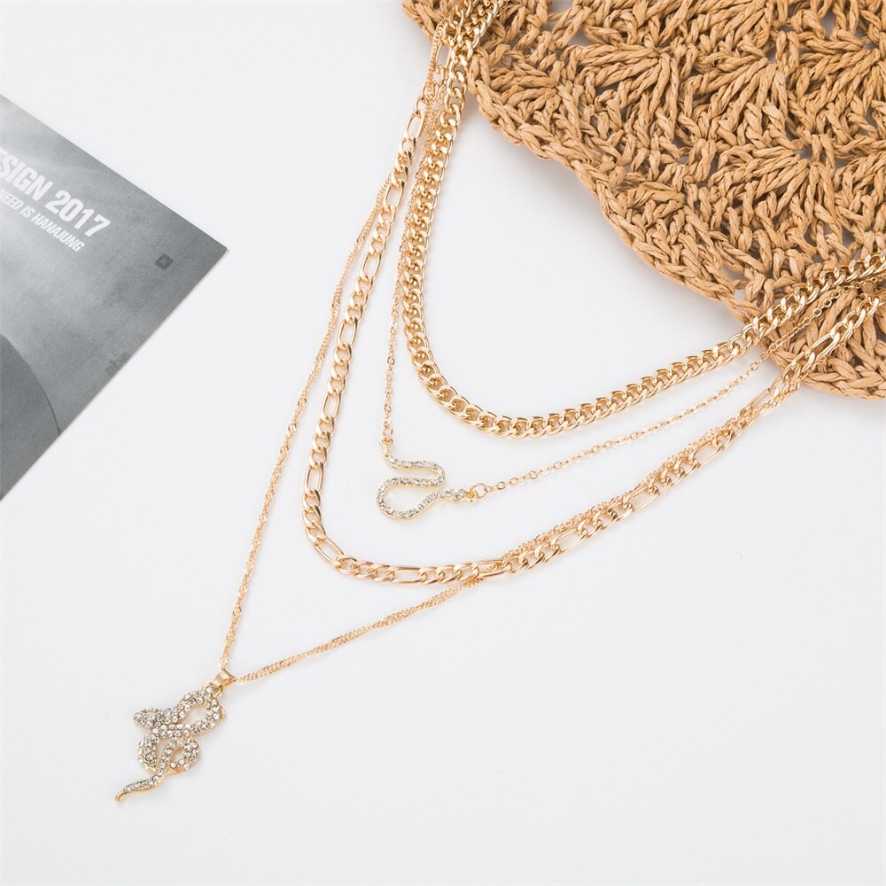 Bohemian Multilayer Chain Crystal Snake Pendant Necklace for Women Vintage Geometric Thick Chain Collar Necklace Punk Jewelry