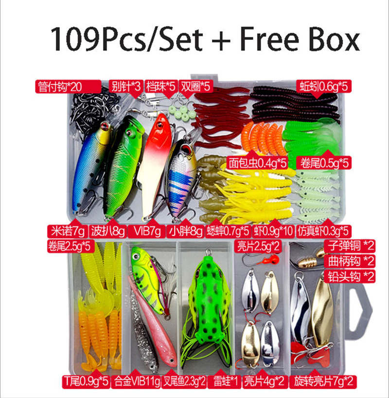 Fiskebeten set blandad elritsa piler sked krokar fisk beten kit i låda isca konstbete fiske tillbehör jig lock: 109 stycken bete