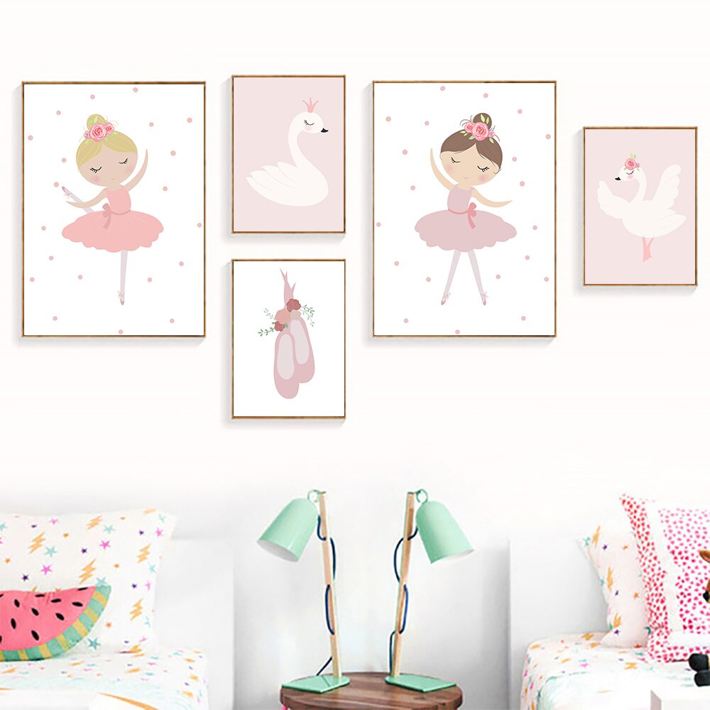 Tegneserie ballet pige lærred udskriver lyserøde svane vægbilleder til børneværelser nordiske plakater og udskrifter børnehave væg kunst uindrammet