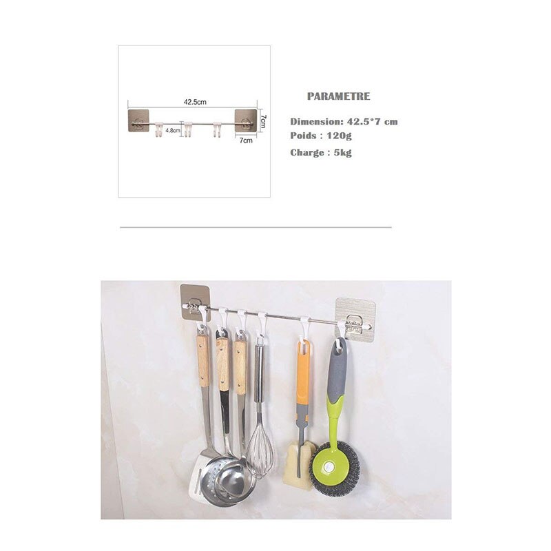 Barre murale cuisine support de rangement pour ustensiles spatule cocotte avec crochet mural étanche sans Trace Installation facile sans perceuse