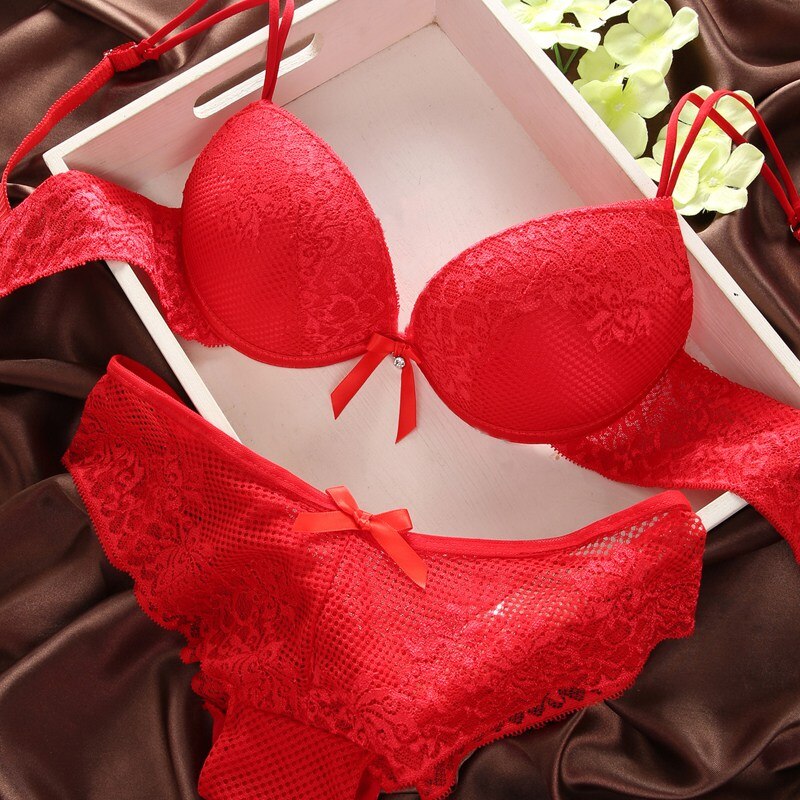 Women Bras Ladies Red Sexy Bow Cozy Thin Underwire Padded Push Up Lace Bra + Panties Sets