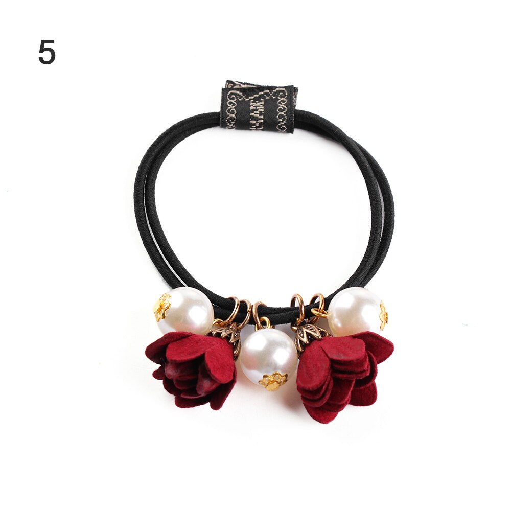 1 pièces haute élastique Rose fleur corde simulé perles bandes de cheveux Stretch cravate pour les filles élastique pour queue de cheval coiffure Scrunchy: 5