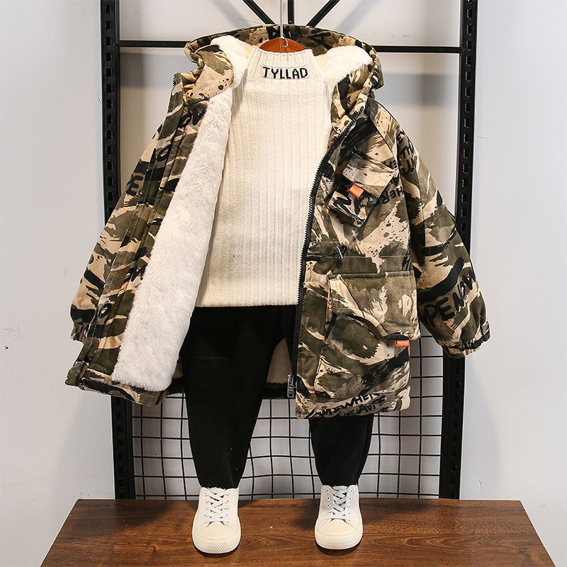 Winter Camouflage Plus Fluwelen Warme Jas Coatchildren Windjack Katoen Gewatteerde Jongens Faux Bontkraag Parka Sneeuw Slijtage Outerwea