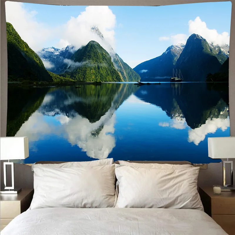 Tapiz de montañas y lagos, paisaje Natural, arte colgante de pared, tela fina, manta de techo para el hogar: 172 x 205 cm / Breen