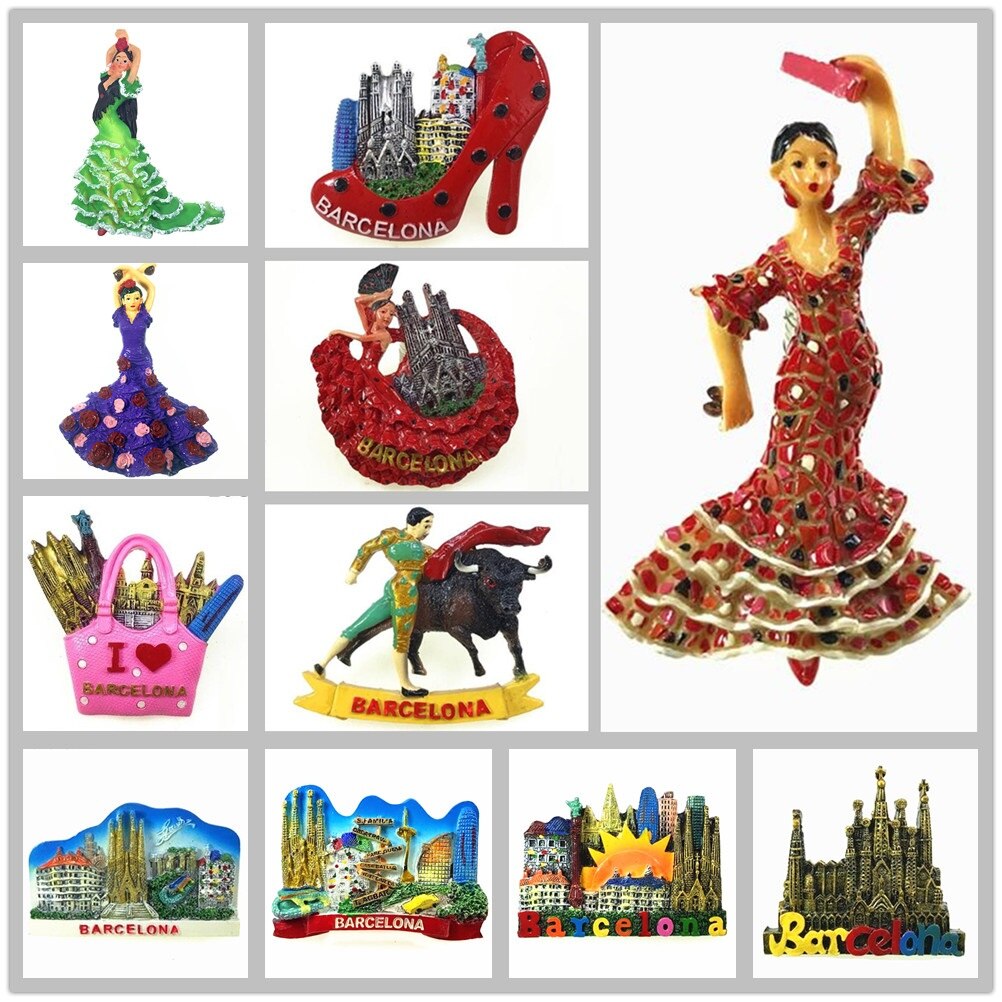 Imanes turísticos para nevera de España y Barcelona, artículos de decoración de recuerdo, Colección magnética artesanal,