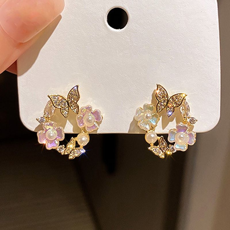Nueva joyería de novedosa coreana, pendientes bonitos y frescos con forma de gota de aceite y flor, pendientes de cristal para mujer, de joyas de: COLOR ORO ROSADO