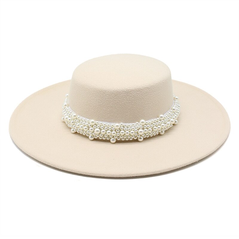 Gorro con lazo redondo para mujer, sombrero de ala ancha con perla y cadena, sombrero de playa, imagen , novedad, primavera y otoño: beige