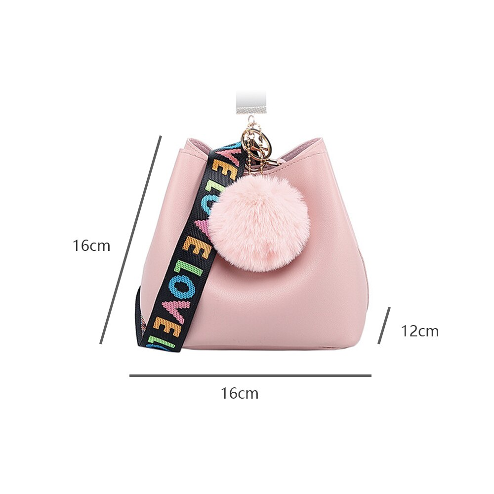 Women Large Capacity Bucket Crossbody Bags Style Mini Wide Strap Shoulder Fur Ball Messager Bags Handbag