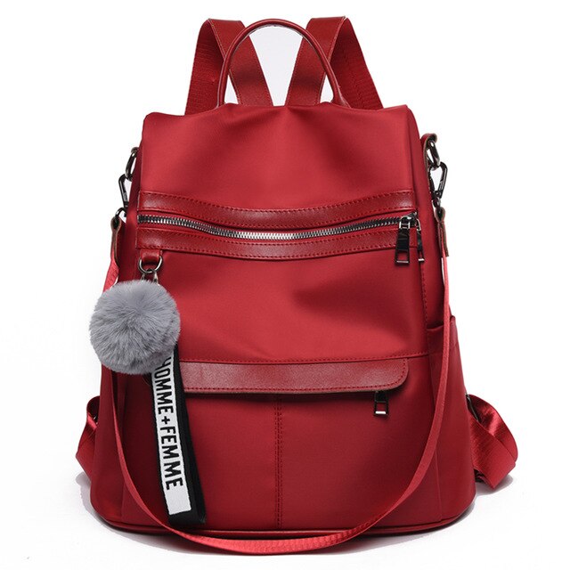 Backpack Waterproof Anti-theft Oxford Cloth Simple College Wind Bag Youth Girl Backpack Hair Ball Pendant: red