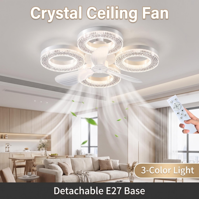 E27 LED Ceiling Fan Light 60W 3CCT Dimmable 3 Speeds Silent Fan Lamp for Bedroom Living Dining Room Home Fans Decor Lighting