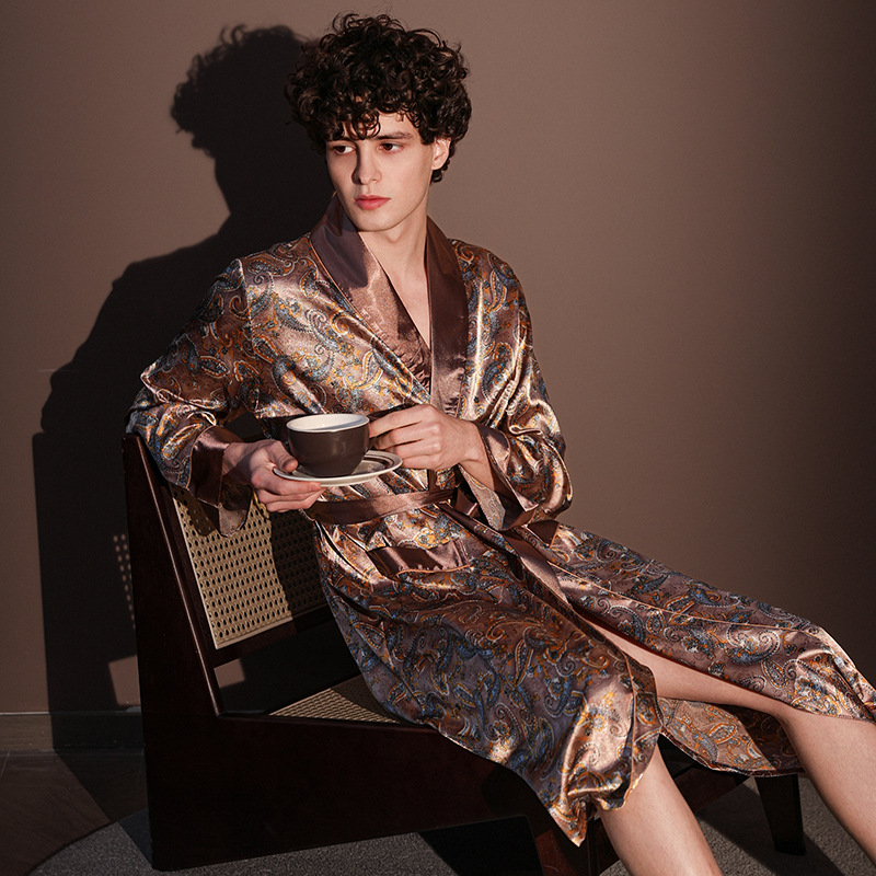 Nachthemden Männer Sommer Dünne Bademantel Große Größe Eis Seide Gedruckt Pyjama einteiliges Kleid Männlichen Loungewear herren Frühling: S / Blau