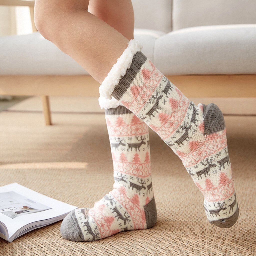 Meias femininas de lã meias de natal mais grossas anti-deslizamento tapete meias elk árvore de natal socks socks socks socks socks meias de natal: Bege