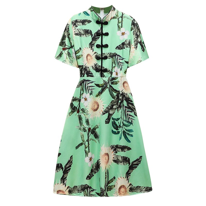 Grande Taille M-4XL Chinois Vintage Robe Qipao Parti Femmes Robe Trapèze Vert Manches Courtes D'été Robes de Cheongsam: XL