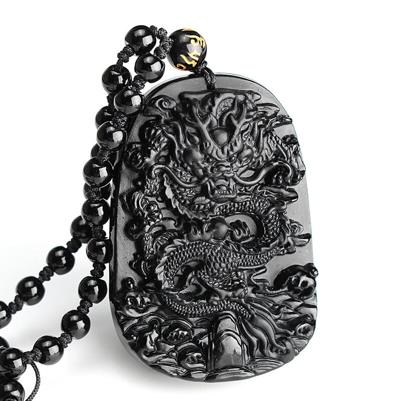 Unique Natural Obsidian Stone Carved Chinese Dragon Pendant With Beads Necklace Men Luck Jewelry Gemstone Fengshui Crafts