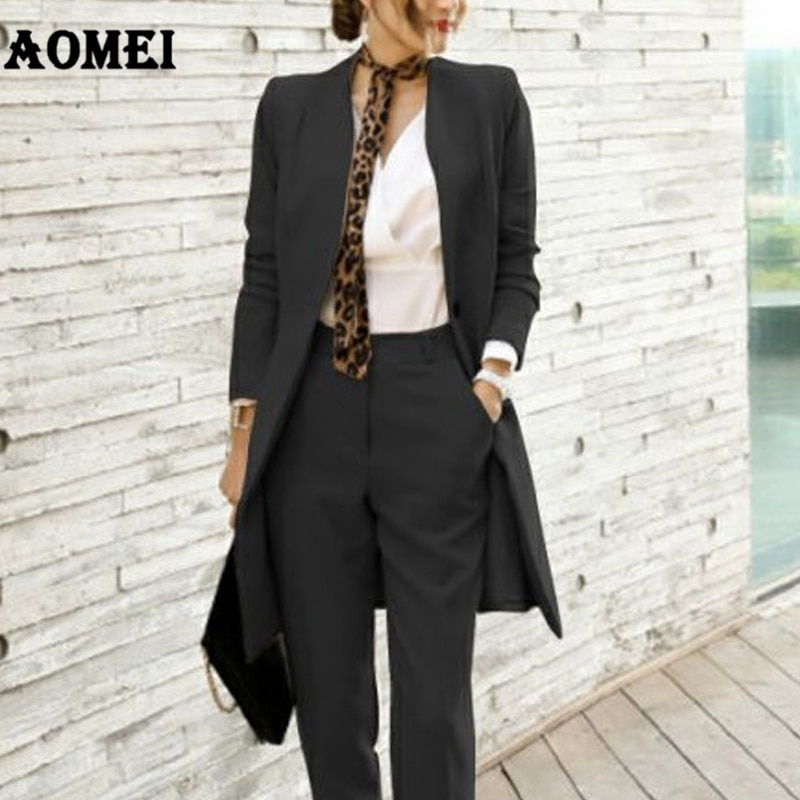 Suit Women Classy Blazer Dress Workwear Office with Waist Belt V Neck Ladies Long Blaser Fall Winter Tops with Pants