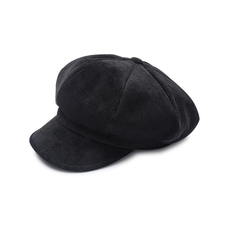 Otoño mujer gorra octogonal de pana de Color sólido gorro octogonal otoño cálido sombreros boina retro quiosco: black