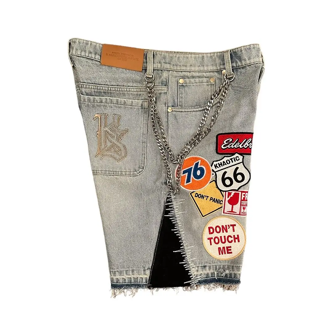 Y2K Jeans hombres mujeres Hip Hop dibujos animados gráficos ropa de calle Retro Patchwork Denim corto Retro azul suelto Denim Fitness pantalones cortos casuales