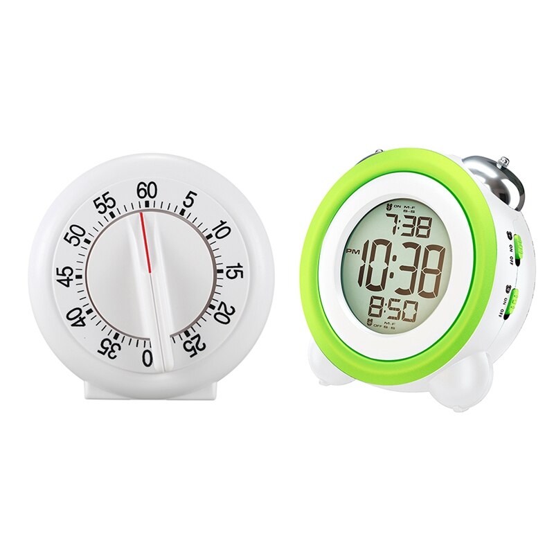 60 Minute Mechanical Wind-Up Timer White Digital Alarm Clock with Nightlight 2 Alarms Optional Weekday Mode