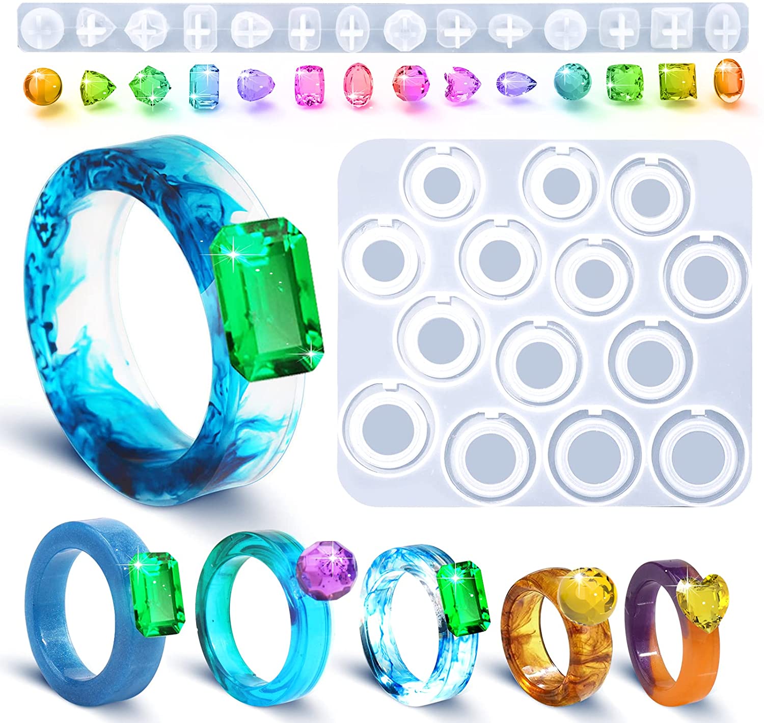 Molde de anillo de resina epoxi para fabricación de joyas, moldes de silicona para anillos de diamante con 14 tamaños diferentes para manualidades DIY