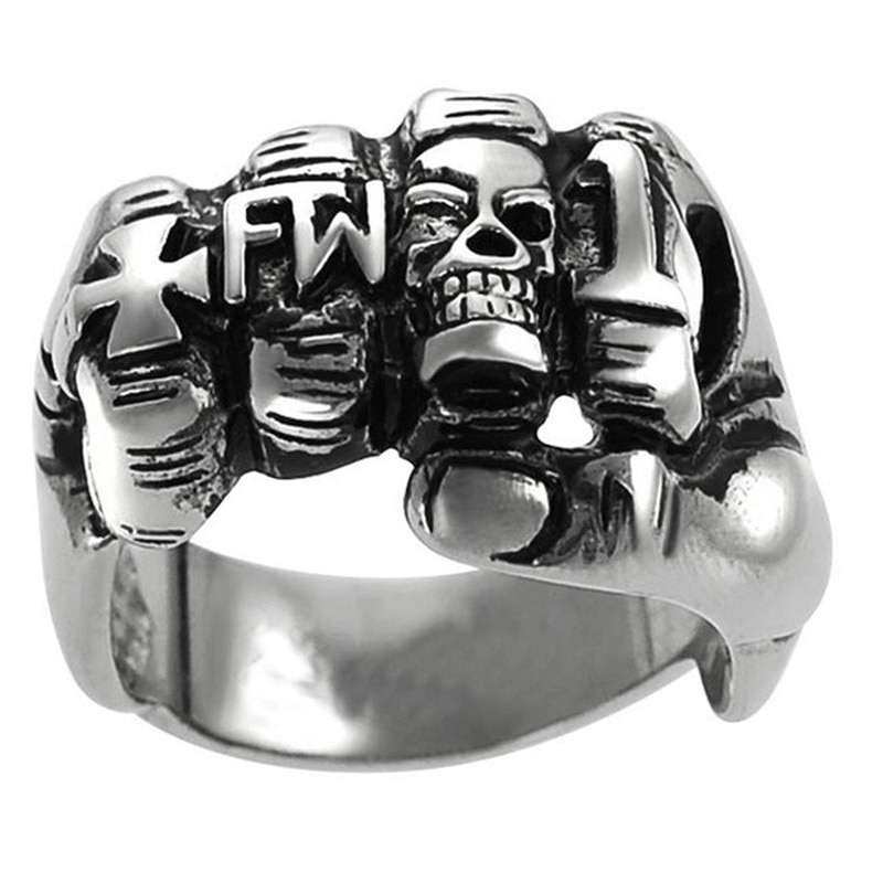 FDLK Mens Punk Rock 316L Edelstahl Biker Schädel Faust FW Ring, vintage Gothic Kreuz Ring UNS Größe 7 Zu 15 Wholesa