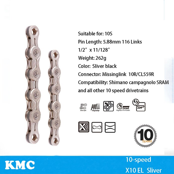 KMC Bicycle Chain X8 X9 X9sl X10 X10sl X11SL X12 Bike Chain For Shimano/SRAM 8 9 10 11 12 speed 116L MTB Road Cycing Chains part: X10 EL silver