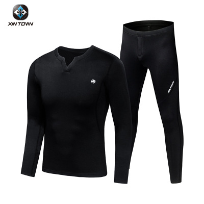Winter Herfst Skiën Thermisch Ondergoed Fietsen v-hals Lange Mouw Fitness Pak Mannen Dikker Fleece XINTOWN mannen Ski Warmer set: XL / V neck Black - male