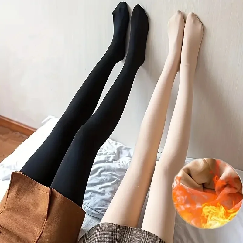 Mallas gruesas de invierno para mujer, pantimedias cálidas de terciopelo de Color sólido de cintura alta para mujer, pantimedias de terciopelo grueso, medias elásticas negras