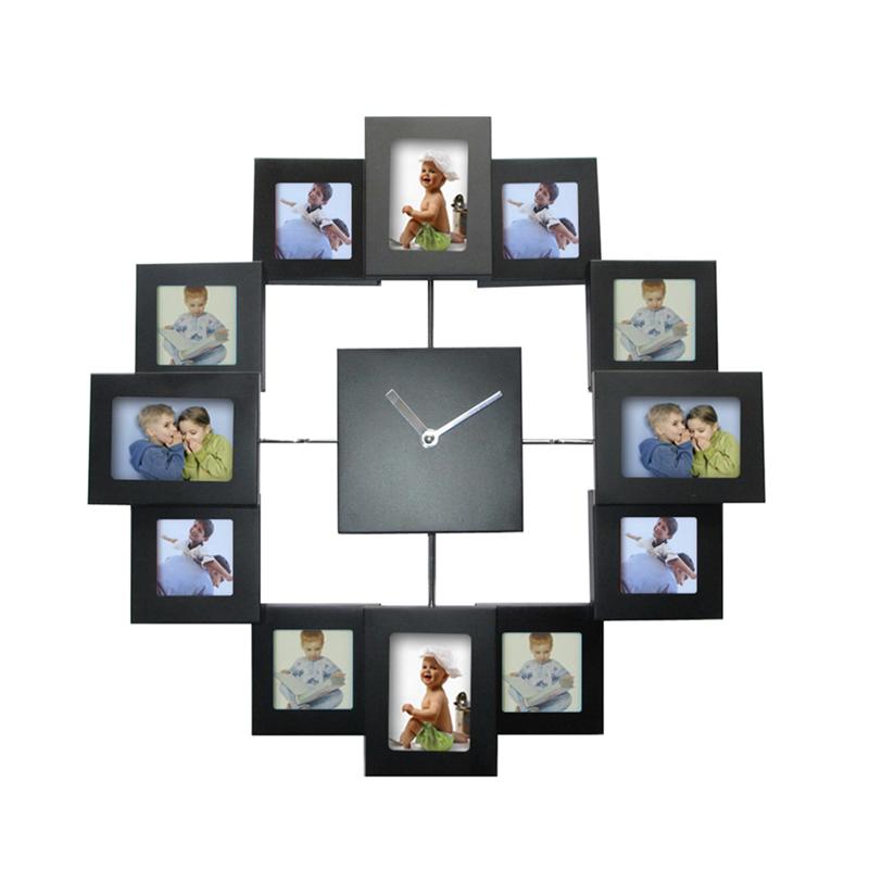 14 Inch Photo Frame Clock Metal Photo Frame Wall Clock Color Paint Aluminum Frame Clock Without Battery (Black)