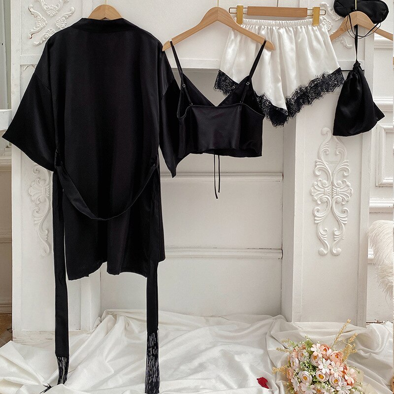 Qweek Zijde Vrouwen Nachtkleding 3 Stuk Gewaad Pyjama Set Sexy Kimono Nachtkleding Lente Nachtjapon Vrouwelijke Kant Nachtjapon Badjas Dames