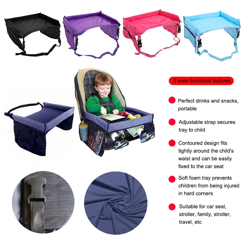 Bandeja para asiento de coche para niños y bebés, silla de bebé, mesa portátil con correa ajustable, mesa para niños, almacenamiento de alimentos, soporte para agua, escritorio