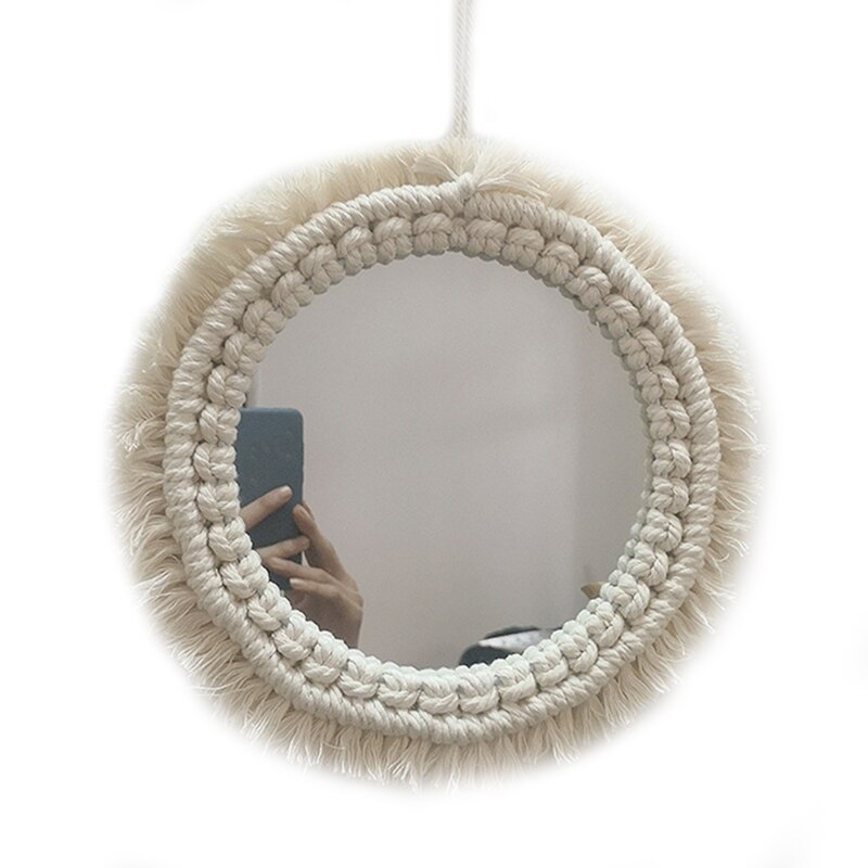 Round Cotton Rope Braided Tassel Mirror Wall Frame Decorative Hanging Makeup Mirror Ideal for Home Hanging Decoration Woven Make: G