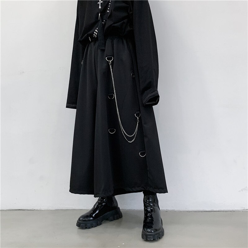 Herr metall kedja kausal lösa casual breda byxor manliga japan stil streetwear gothic punk kimono kjol byxor