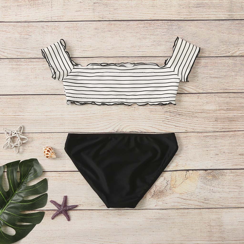 Toddler Teen Girls Bikini Set Swimwear Striped Ruffles Off Shoulder Two Piece Swimsuit Beach Wear Bathing Suit Split Outfit