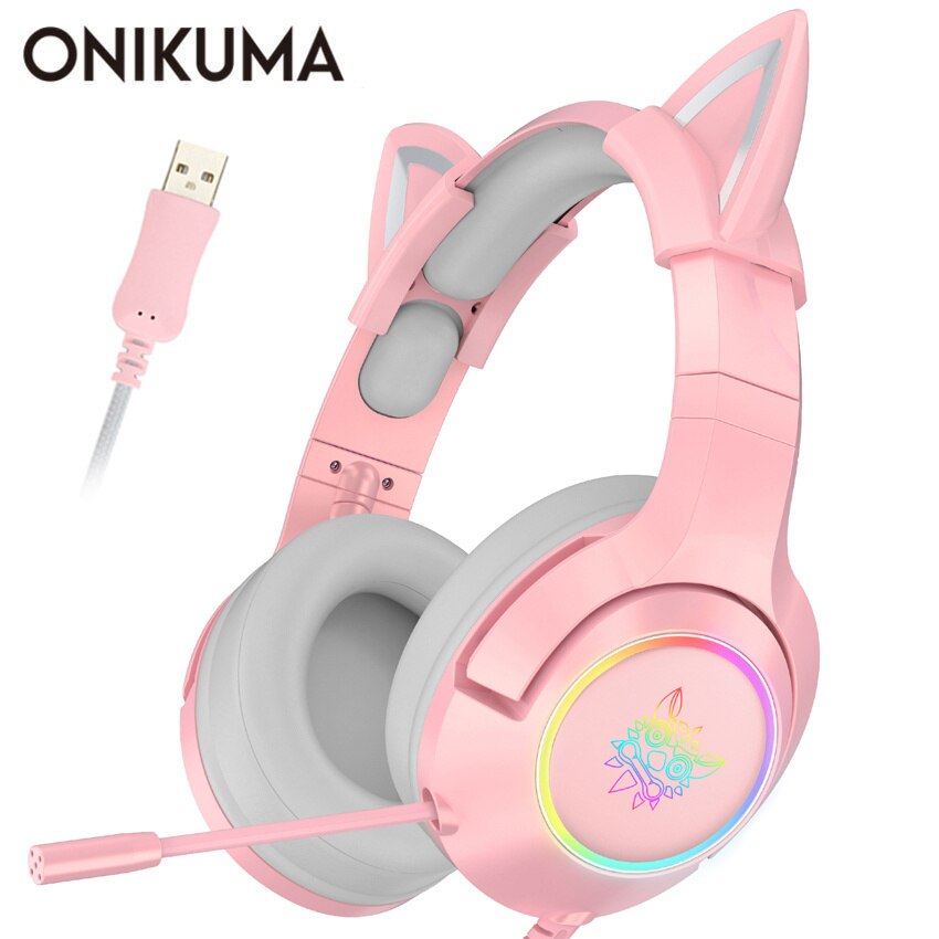 ONIKUMA K9 USB Gaming Headset casque Pink Cat Ear 7.1 Surround Sound Stereo Headphones with Mic & LED for PC Gamer