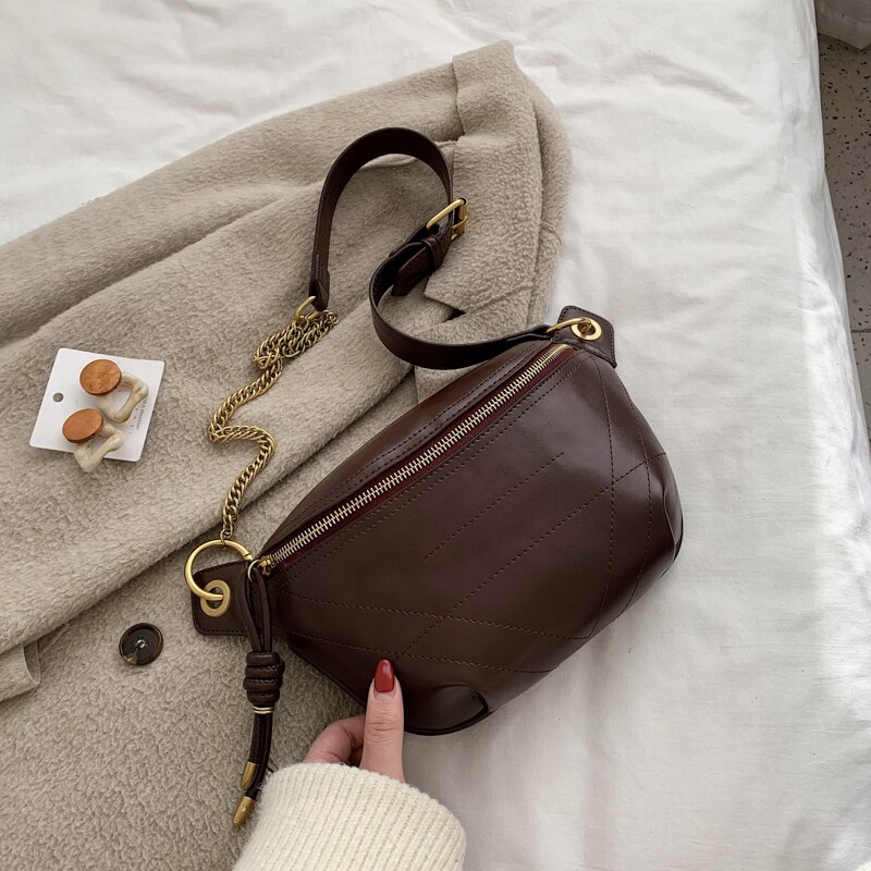 Solid Color PU Leather Crossbody Bags For Women Quality Chain Shoulder Messenger Bag Lady Travel Handbags Waist Packs