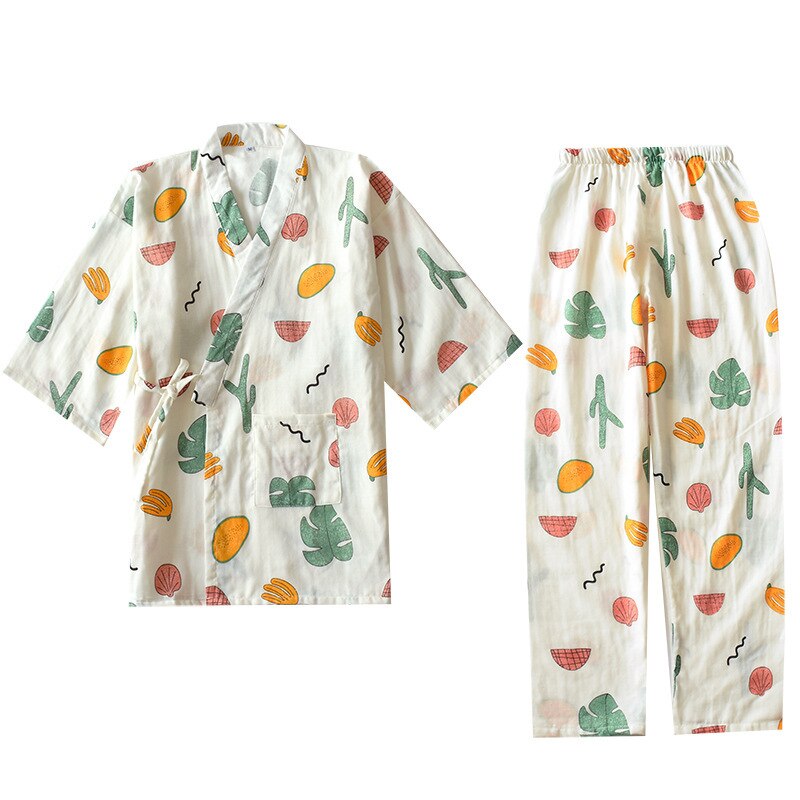 Camisola feminina japonesa de algodão puro, conjunto de pijama feminino kimono de manga médio, tradicional, para usar em casa, estampada, casual