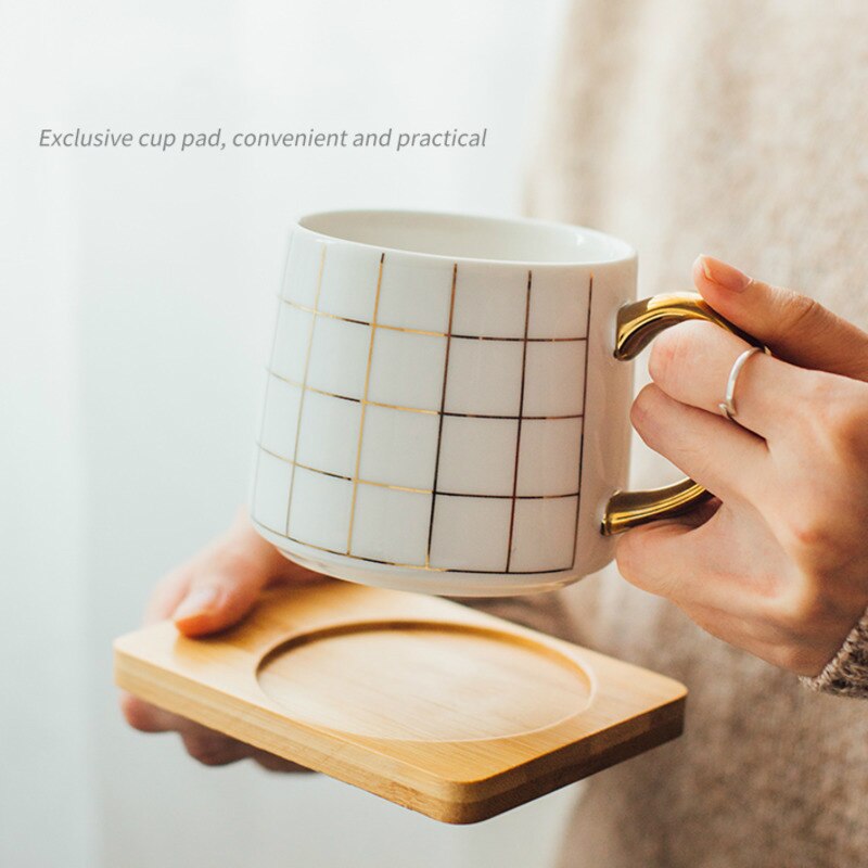 Taza de café de lujo con estampado de lunares a cuadros, geométrica, de cerámica, para desayuno, taza de leche y agua, creativos para parejas