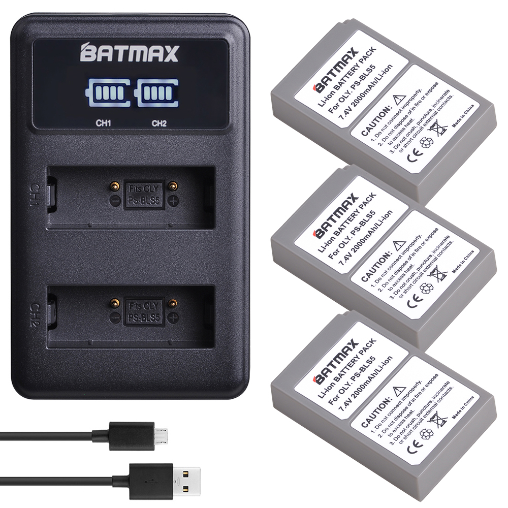 Batmax PS-BLS5 BLS5 BLS-50 BLS50 Batterij + lader voor Olympus PEN E-PL2, E-PL5, E-PL6, E-PL7, e-PM2, OM-D E-M10, E-M10 II, Stylus1: 3battery with charge