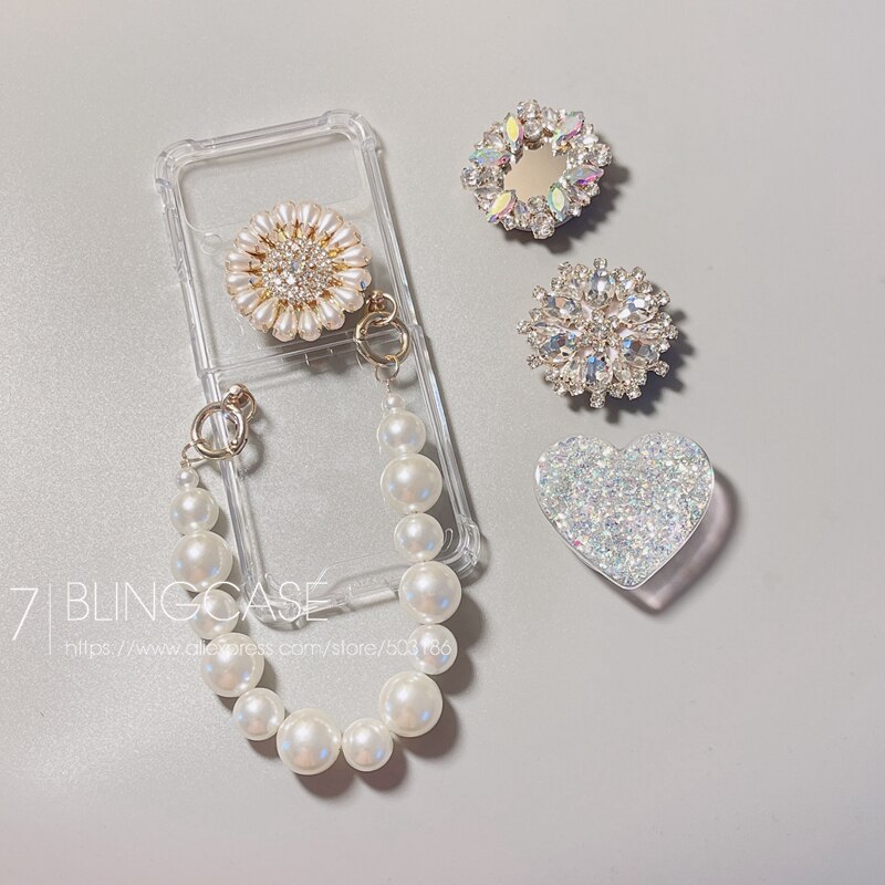 Pearl Bracelet Rhinestone Holder Phone Case For Samsung Galaxy Z Flip 3 Hand Chain Clear Shockproof Z Flip Cover