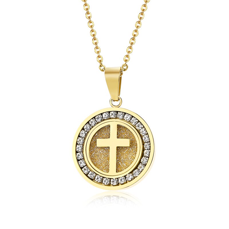 EyeYoYo Hip hop Zircon Cross Round Necklace Men Shine Party Pendant Necklace 316L Stainless Steel Trendy Jewelry: Gold / With 50cm Chain