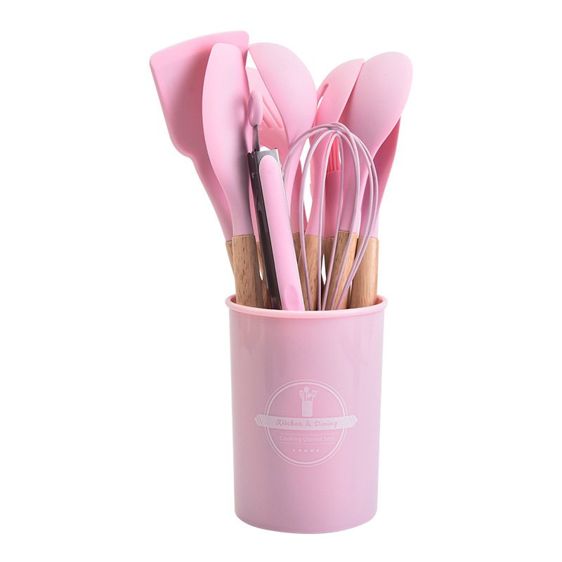 Ustensiles de cuisine en Silicone résistant aux hautes températures avec manche en bois, 12 jeux de pinces grattoir à crème Ladel, batteur à œufs: Rose