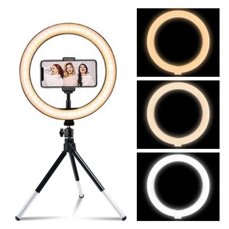 Led-ringlamp voor fotografie met 3 dimbare standen, inclusief statief en telefoonhouder voor tiktok-video's, live make-up en invullampen.