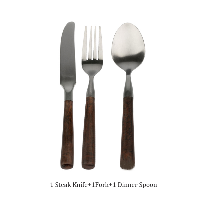 Retro Wooden Handle Dinner Knife Fork and Spoon 304 Stainless Steel Steak Knife Fruit Fork Coffee Tea Spoon Cutlery Set: Yellow